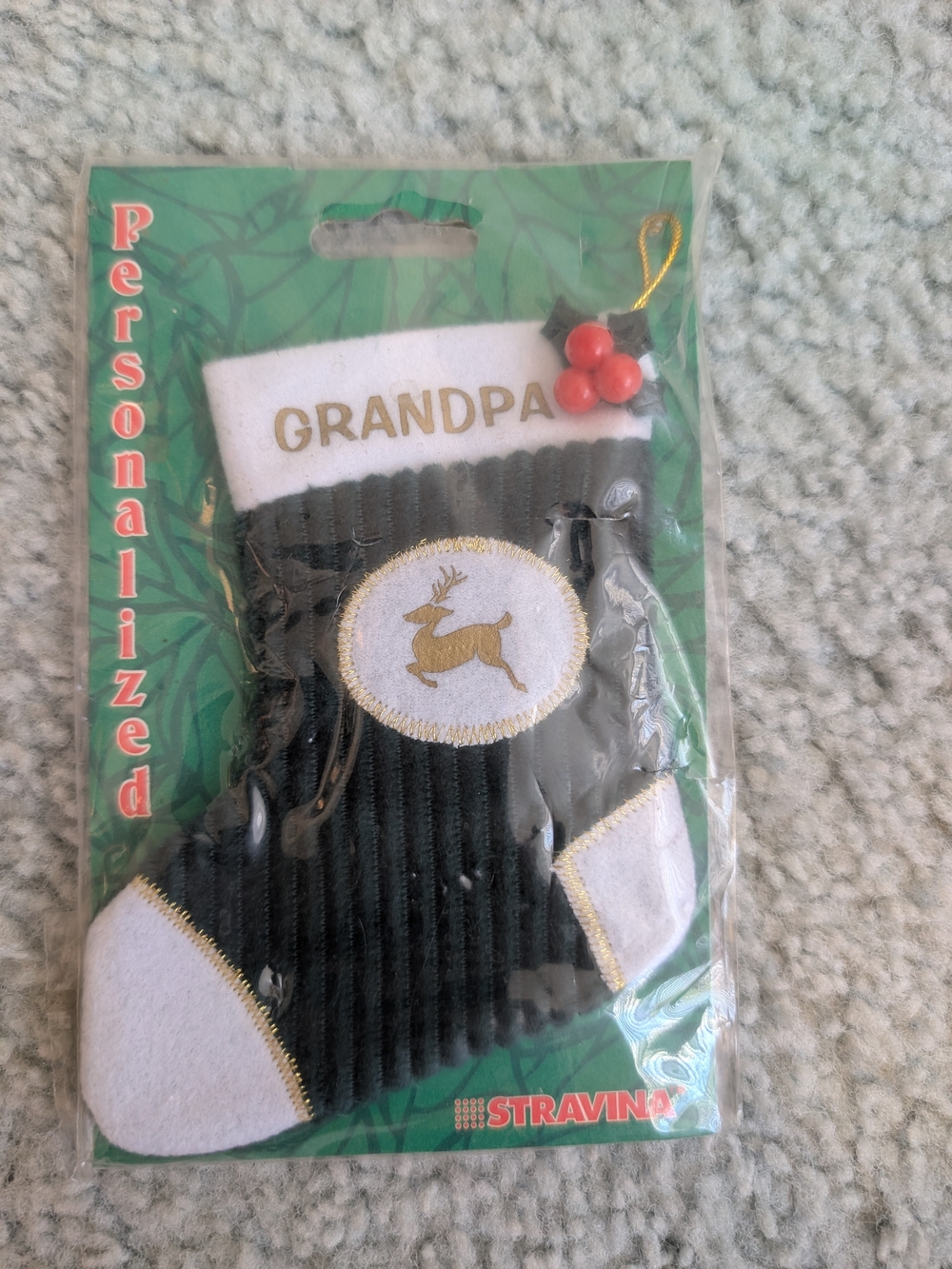 Small Grandpa Green Cordoroy & White Holiday Stocking Ornament